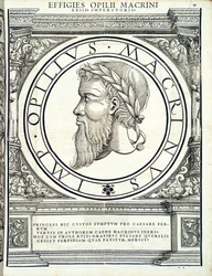 Opilius Macrinus, illustration fra "Imperatorum romanorum omnium orientalium et occidentalium verissimae imagines ex antiquis numismatis", træsnit af Rudolph Wyssenbach, trykt af Andreas Gesner, Zu